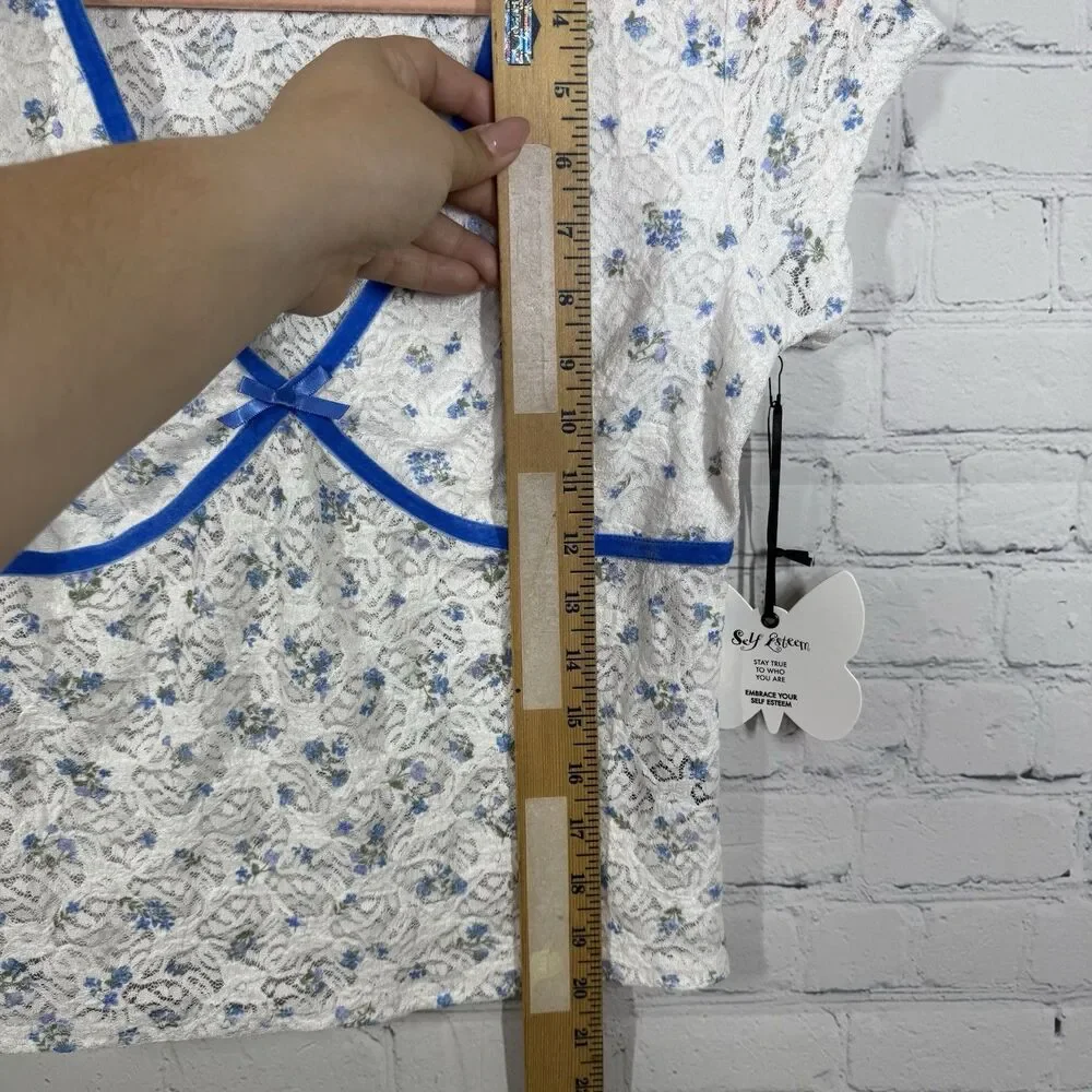 Coquette Y2K Sheer Lace Floral Blouse Junior Large Blue Trim Bow Top Romantic